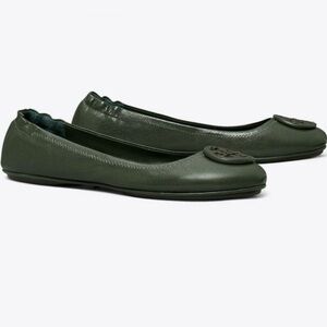 Tory Burch Dark Green Leather Logo Ballet Flats